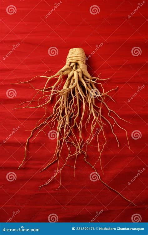 Ginseng Root With Roots On Red Background Stock Illustration