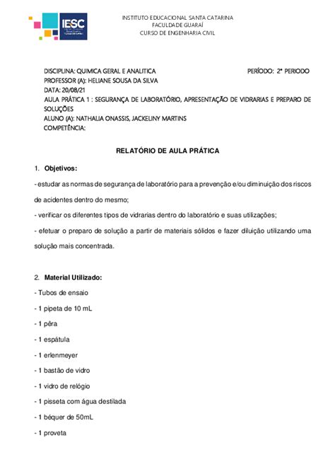 Doc Modelo De Relatorio De Aula Pratica