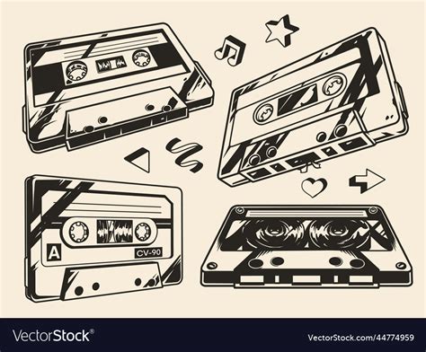 Compact cassette set monochrome vintage Royalty Free Vector