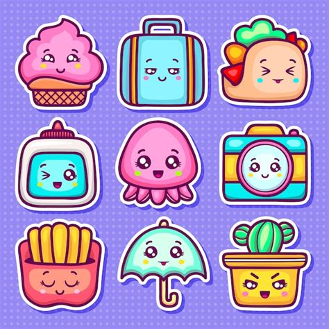 Kawaii Naklejki Ikony Ręcznie Rysowane Doodle Kolorowanki | Darmowy Wektor