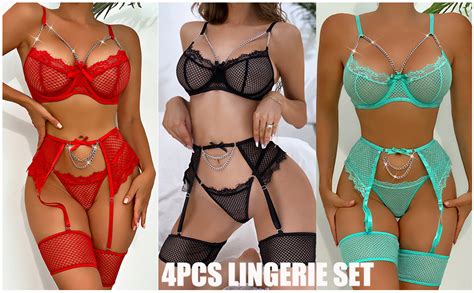 Amazon Aranmei Womens Sexy Eyelash Fishnet Lingerie Set Chain