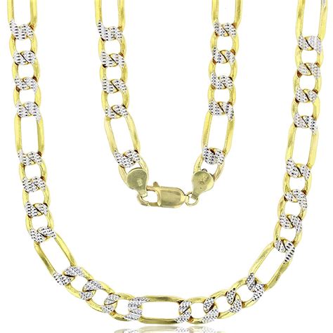 K Two Tone Gold Hollow Mm Mm White Pave Figaro Chain With Lobster