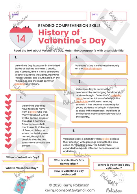 History Of Valentine's Day Worksheets