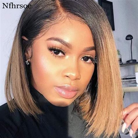 Blonde Brown Ombre 13x4 Lace Front Bob Wigs Preplucked Brazilian Remy Straight Short 13x6