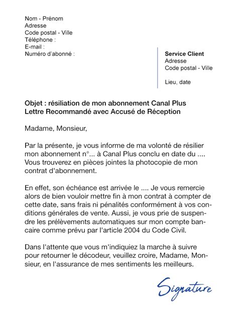 Lettre de résiliation Canal Plus Modèle au format PDF et Word