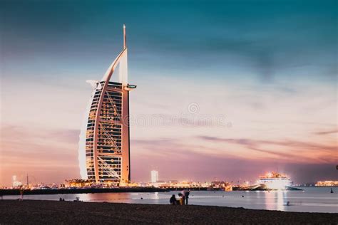 Burj Al Arab at Night Seen from Jumeirah Public Beach in Stock Photo ...