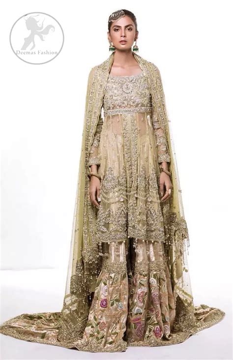 Mehndi Green Frock Peach Gharara Dupatta