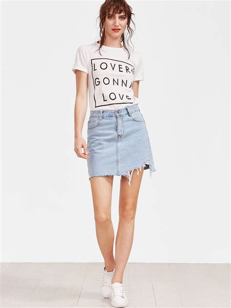 Bleach Wash Raw Hem Denim Skirt Shein Sheinside