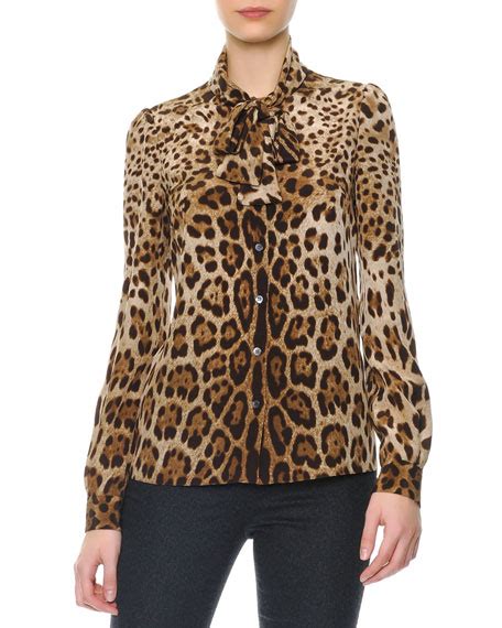 Dolce And Gabbana Leopard Print Tie Neck Silk Blouse