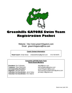 Fillable Online Greenhills Gators Swim Team Registration Packet Fax