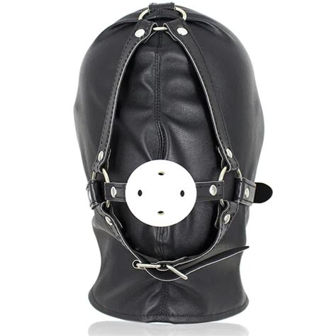 Bondage Slave Sex Products Pu Leather Hood Mask Headgear Mouth Plug Gag