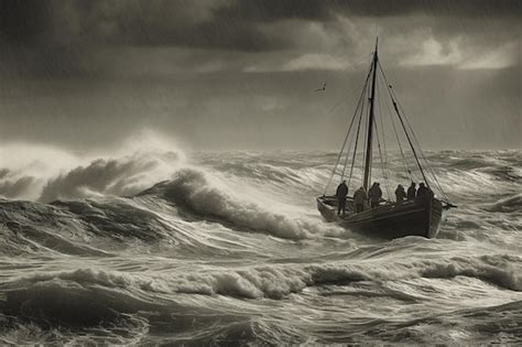 Premium Photo | A boat in a storm with a man on the front.