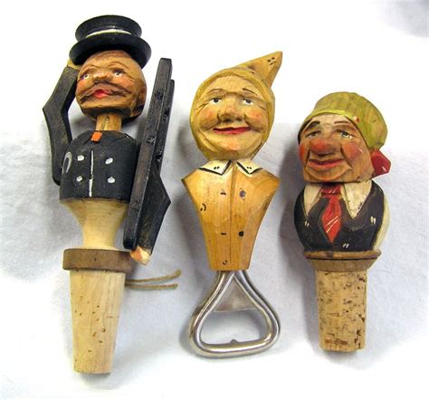 Vtg 3 Pc Italian Carved Wood Cork Articulated Bottle Stoppers And Opener