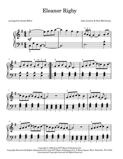 Eleanor Rigby Arr Sarah E Miller Sheet Music David Cook Easy Piano