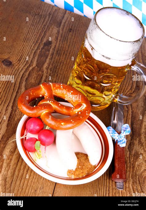 Beer White Sausage Pretzel And Radish Oktoberfest Menu Top View