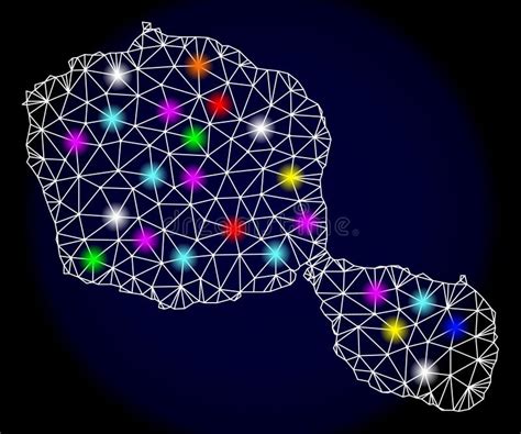 Polygonal Network Mesh Map Of Tahiti Island With Bright Light Spots