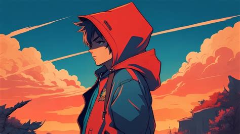 Premium AI Image | Anime hoodie boy with evening landscape