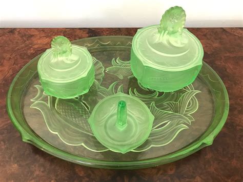 An American Art Deco Mermaid Green Uranium Glass Dressing Table Set Artedeco Online Antiques