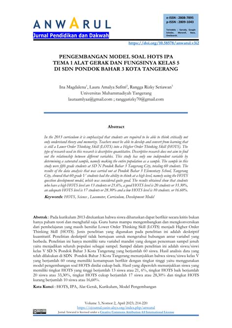 Pdf Pengembangan Model Soal Hots Ipa Tema Alat Gerak Dan Fungsinya