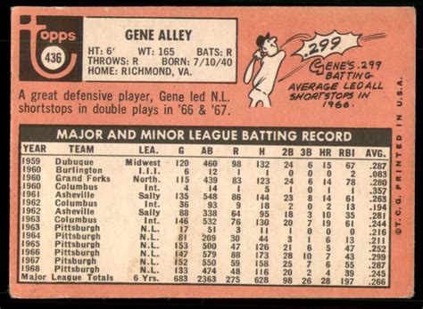 1969 TOPPS GENE ALLEY PITTSBURGH PIRATES 436 EBay