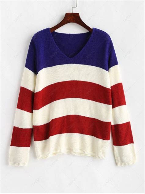 [34 Off] 2021 Zaful V Neck Striped Tricolor Sweater In Multi Zaful