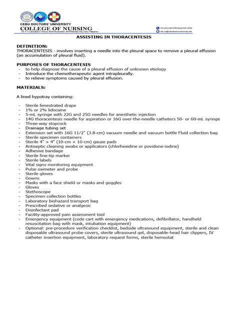 Assisting In Thoracentesis Procedure Guide Pdf Syringe Anesthesia