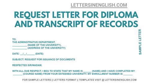 Request Letter For Diploma And Transcript Of Records Sample Letter To