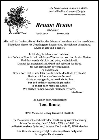 Traueranzeigen Von Renate Brune Trauer In Nrw De