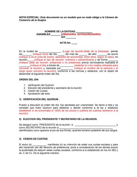 Acta Cesion Cuotas Formsto De Cesion De Acciones Sas NOTA ESPECIAL