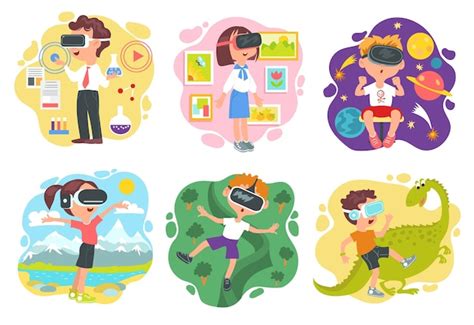 Premium Vector | Children with vr glasses kids digital education and entertainment virtual game ...