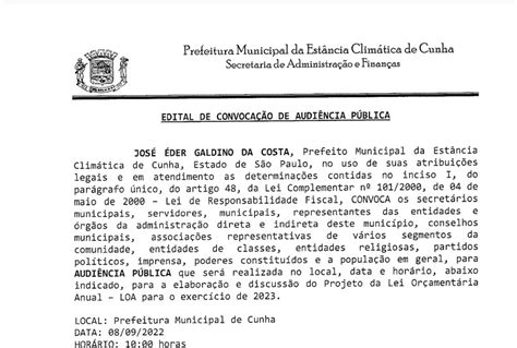 EDITAL DE CONVOCAÇÃO DE AUDIÊNCIA PÚBLICA Prefeitura Municipal de Cunha