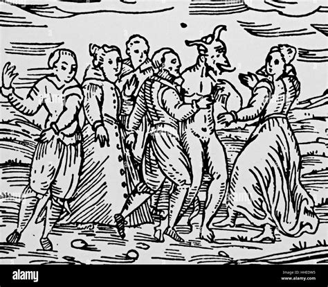 Woodcut Depicting A Group Of Witches And Warlocks Dancing With The