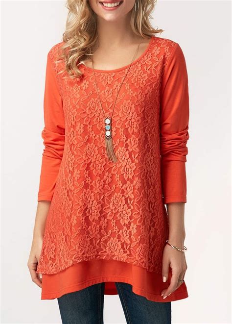 Long Sleeve Orange Layered Lace Panel Blouse Ladies Tops Fashion