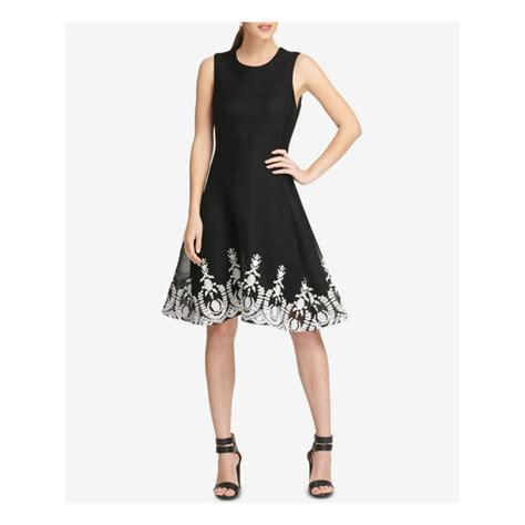 Dkny Dkny Womens Black Embroidered Sleeveless Jewel Neck Below The