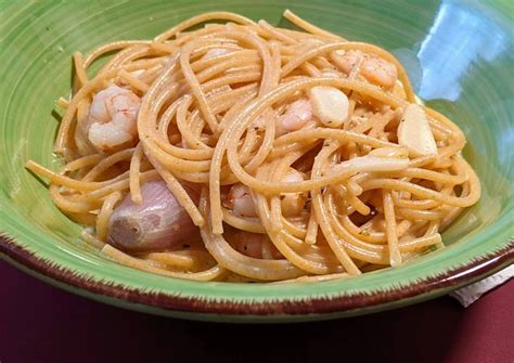 Spaghetti con gambas al ajillo en salsa camembert Receta de Jesús Ruiz