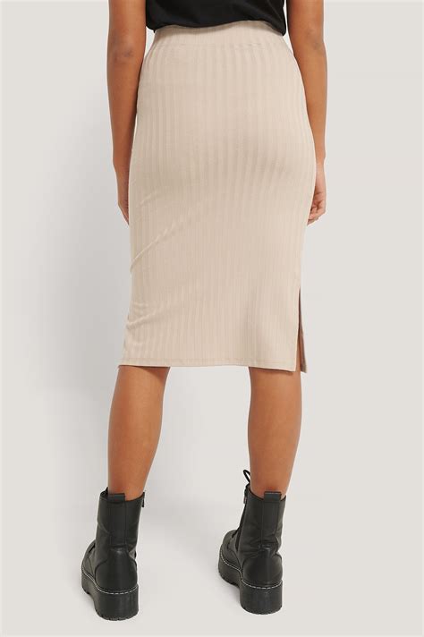 Ribbed Slit Skirt Beige Na