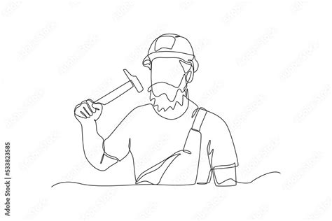 Vecteur Stock Continuous One Line Drawing A Man Construction Holding