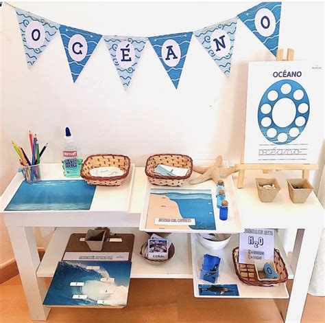 An Ocean Themed Table Is Shown With Books And Other Items On The Table