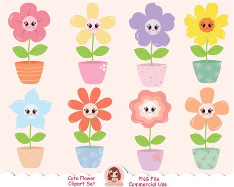 cute flower vector clipart set commercial  flowers clip art smiley sweet lovely emoji