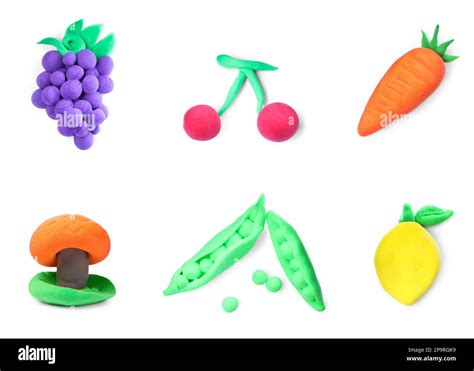 Fruits And Vegetables Made From Playdough On White Background Collage