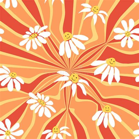 Groovy Daisy Retro Seamless Pattern Retro Smile Chamomile Pattern On