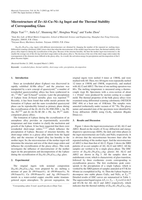 PDF Microstructure Of Zr Al Cu Ni Ag Ingot And The Thermal Stability