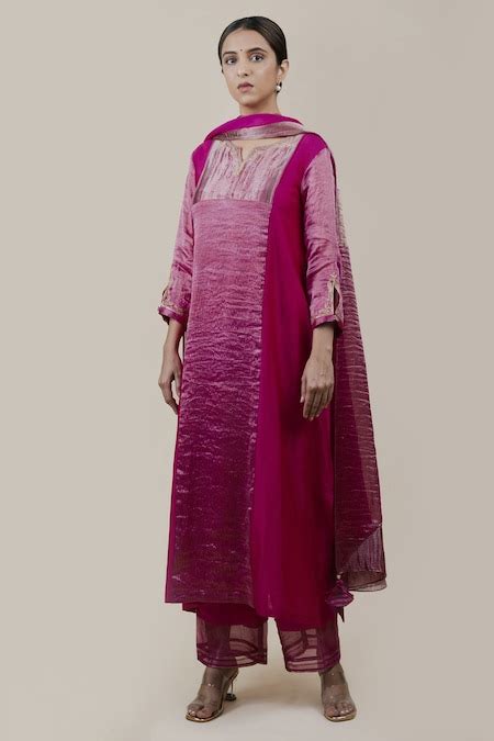 Buy Pink Kurta Chanderi Silk Hand Embroidered Aari Notched A Line Set