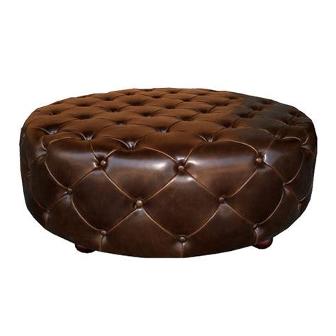Soho Tufted Round Ottoman- Brown Leather | Zin Home