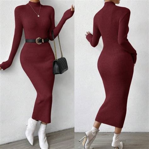 Dresses Sexy Burgundy Mock Neck Ribbed Long Sleeve Bodycon Fitted