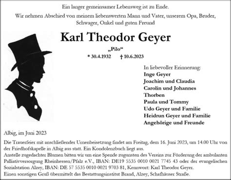 Traueranzeigen Von Karl Theodor Geyer Vrm Trauer De