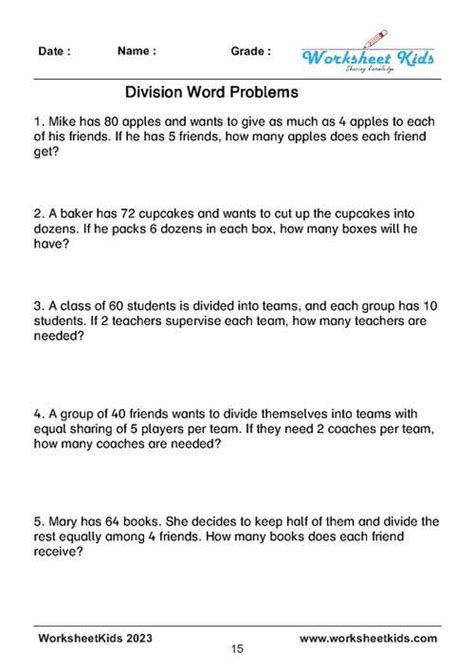 Division Word Problems Worksheets For Grade 3 5 Simple To Long