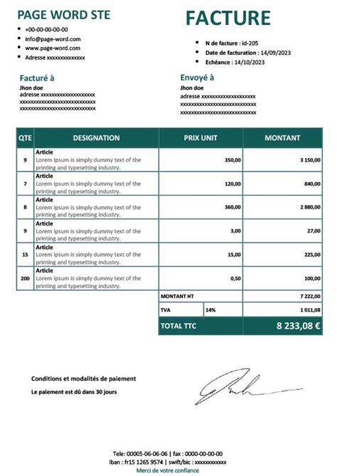 Modèle De Facture Proforma Gratuit Sur Word