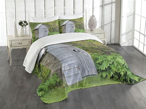 Ambesonne Outhouse Quilted Bedspread Set 3 Pcs Farm Cottage Forest