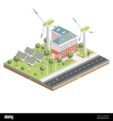 Paneles solares isométricos con turbina de viento Casa ecológica